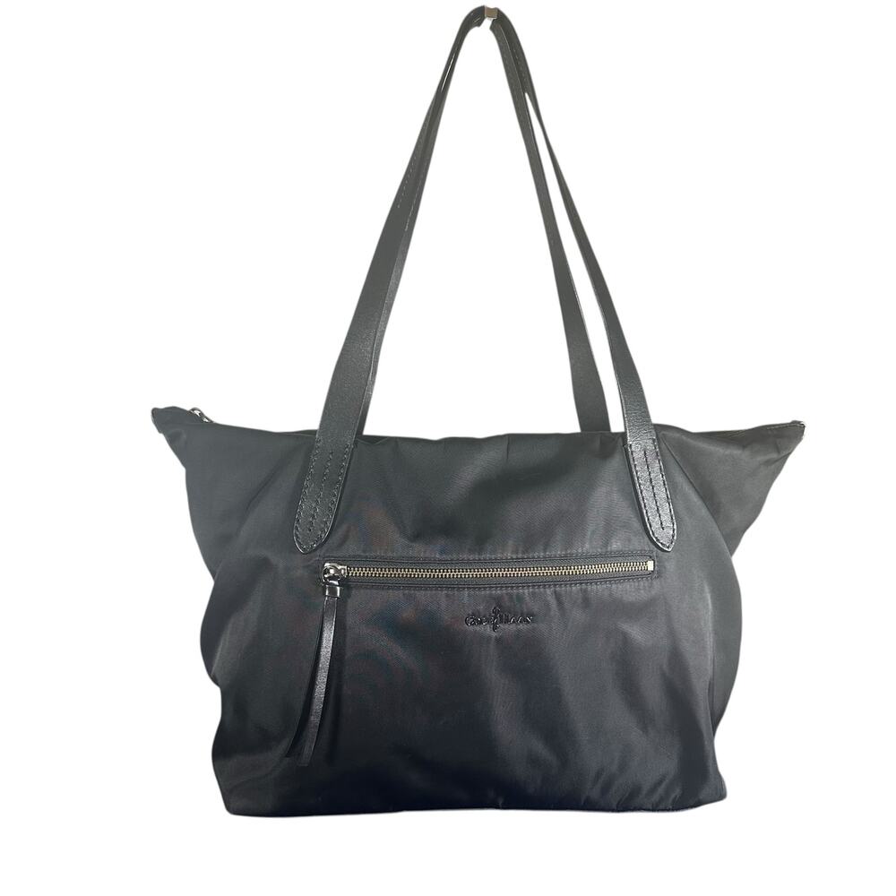 Cole Haan Black Nylon Tote Bag Leather Trim Zip Top Shoulder Bag Travel Purse